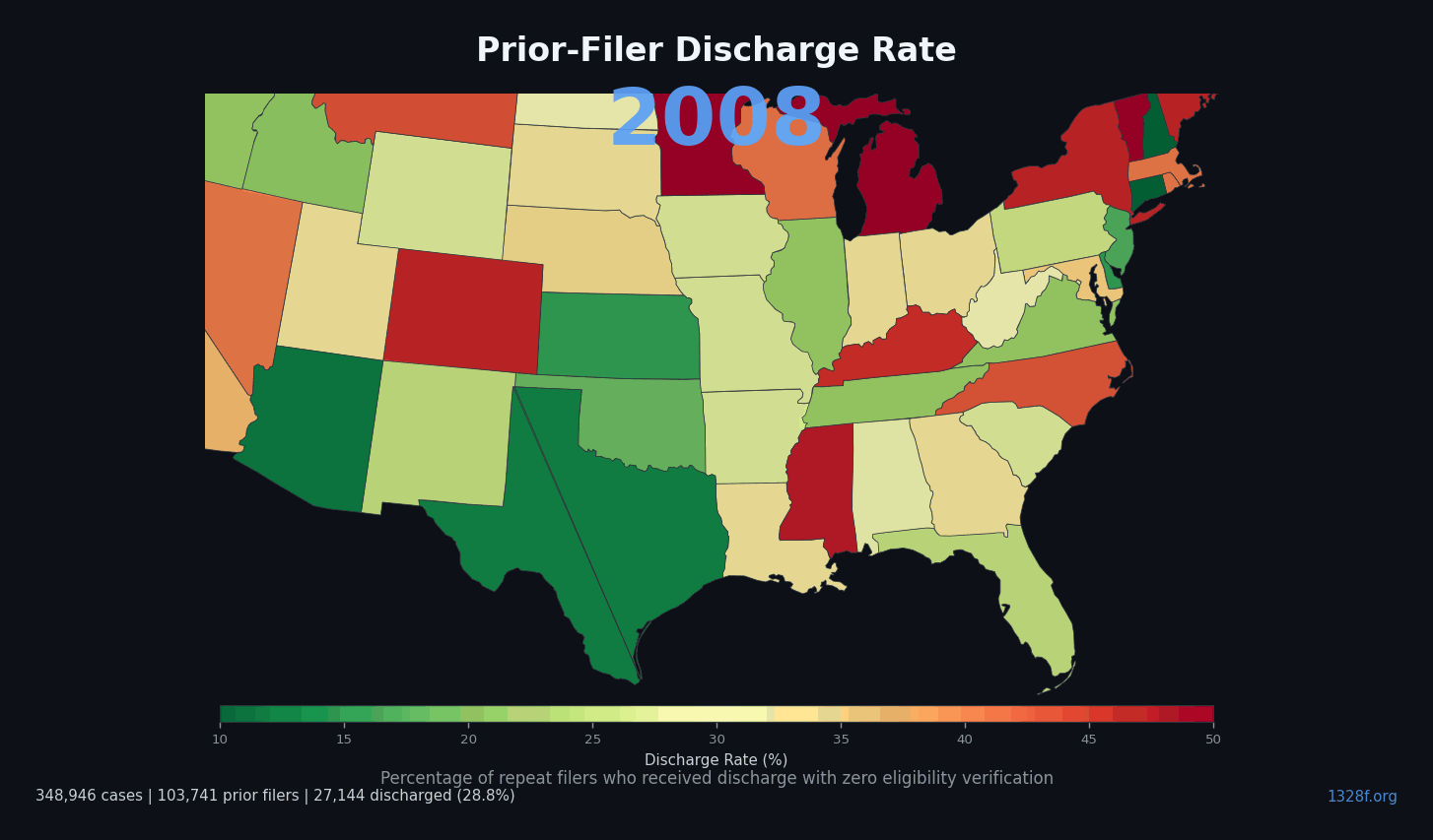 Animated map of prior discharge rates among repeat bankruptcy filers across all 94 federal judicial districts from 2008 to 2024, showing the percentage of repeat filers whose previous case ended in discharge rather than dismissal