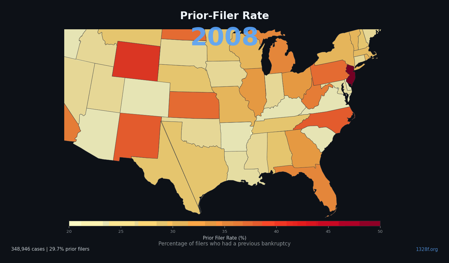 Animated map of prior bankruptcy filing rates across all 94 federal judicial districts from 2008 to 2024, showing the percentage of new cases where the debtor had previously filed bankruptcy, ranging from under 10 percent to over 50 percent